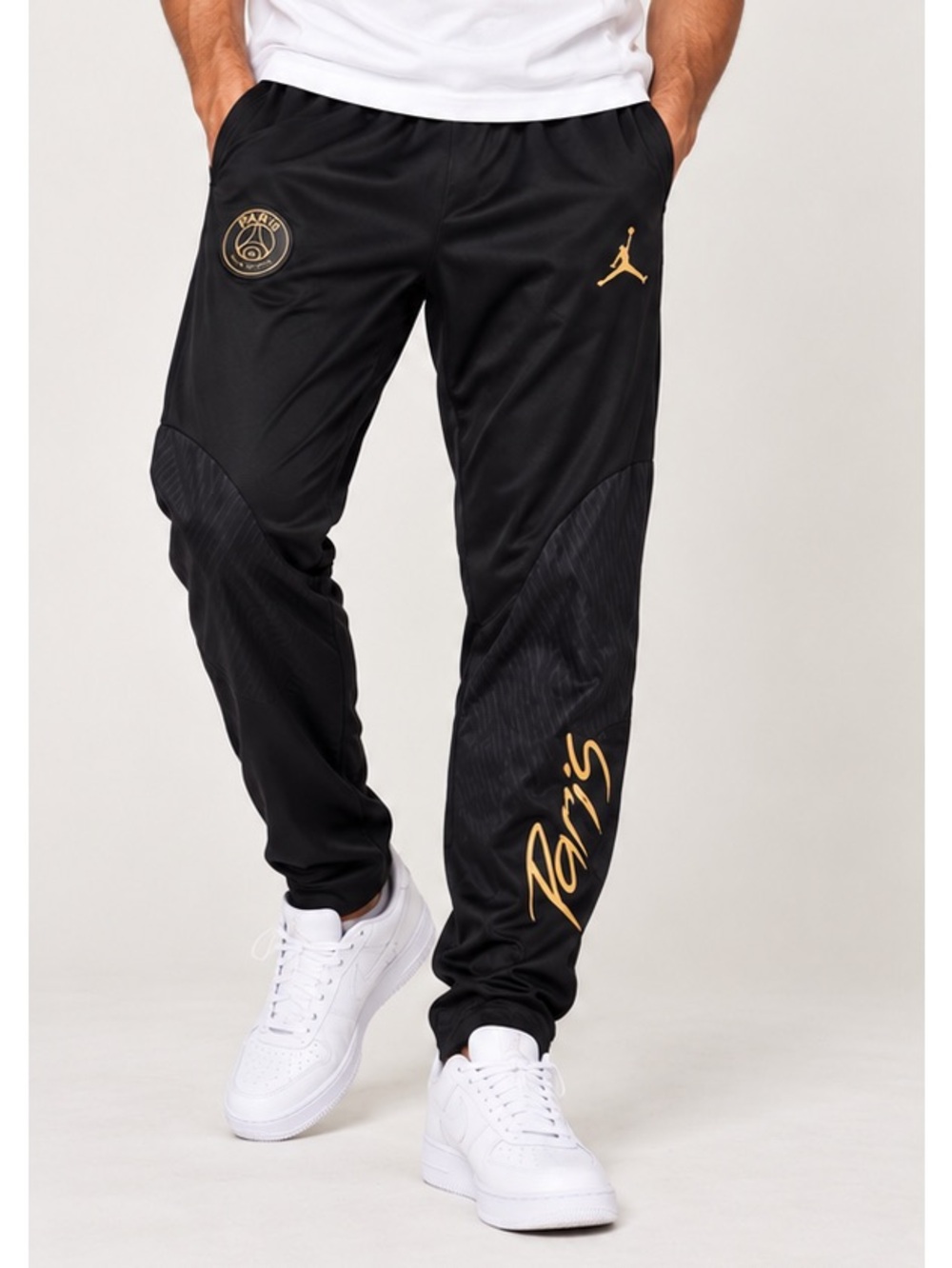 Jordan Black Authentic Athletic Streetwear Track Pants Gold PSG Accents Large
